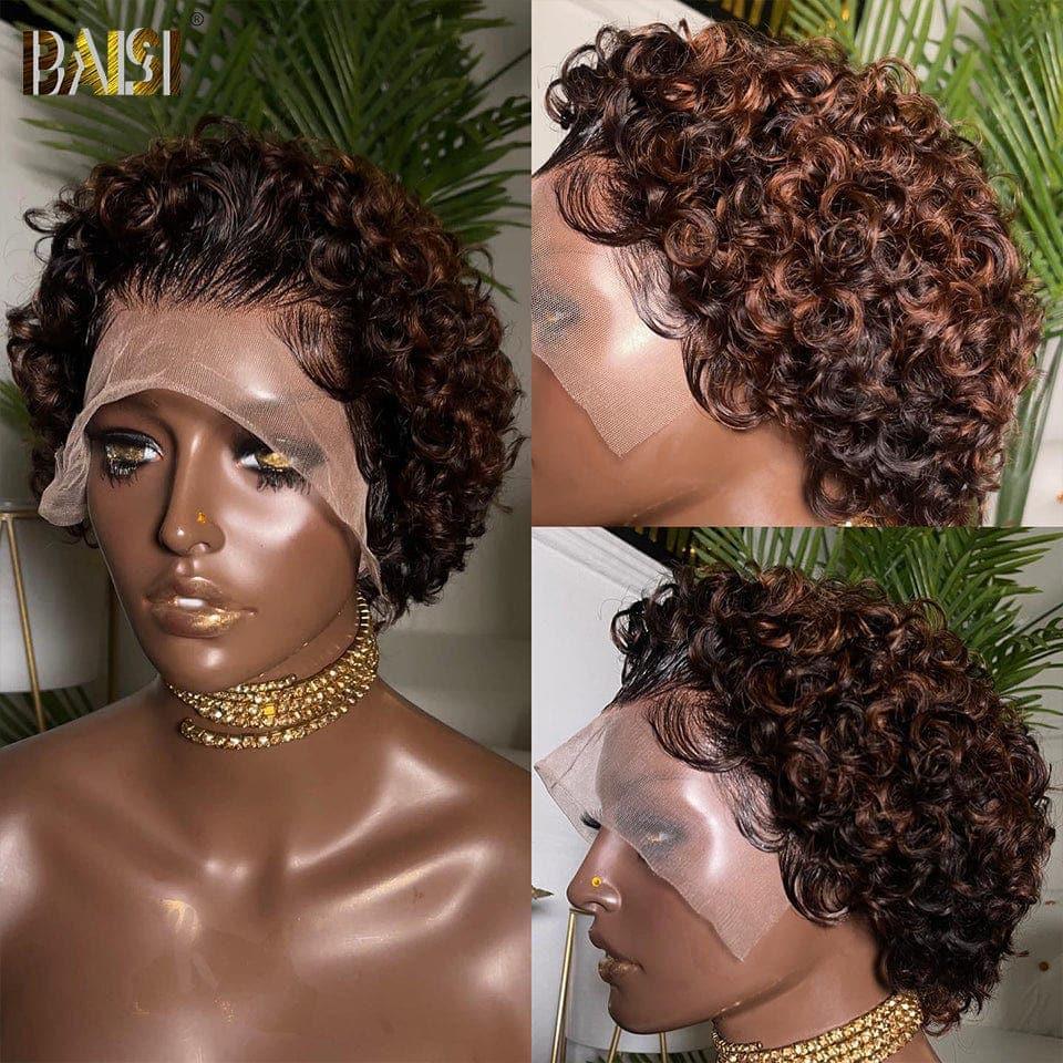 BAISI 13x4Lace frontal Pixie curly wave wig in Bordeaux or Brown color in 100% Real Human Hair