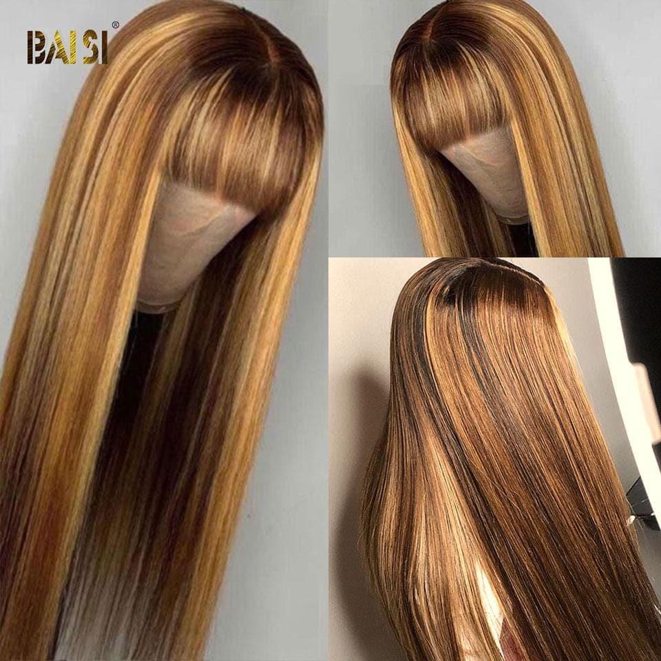 BAISI Coupe Chinoise Perruque Miel Lisse Longue Avec Frange ou marron lisse 18 pouces 100€ 100% Cheveux Humains