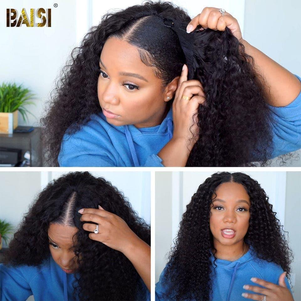 BAISI V Part Perruque Kinky Curly en 100% Cheveux Humains Fabriqué à La Machine Sans Lace