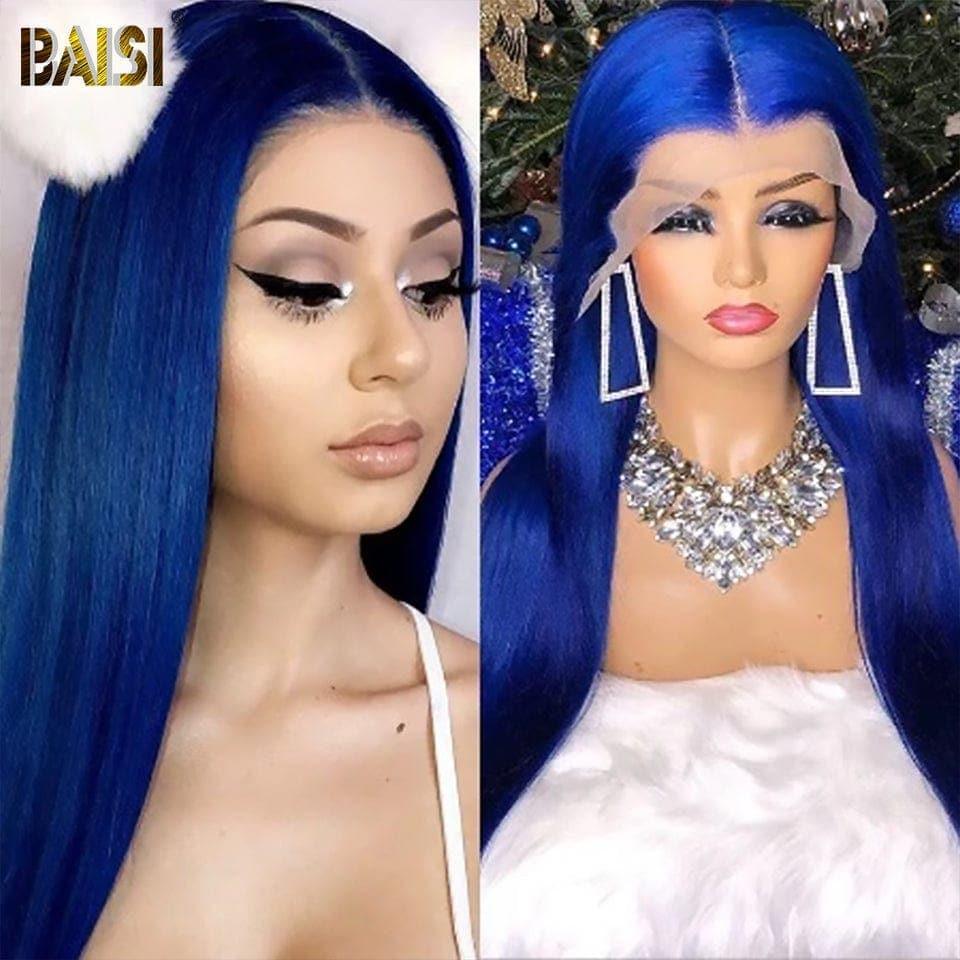 BAISI Achetez 2 perruques minimum au prix d'usine fournisseur 13x4 Lace Frontal Perruque Lisse Bleu Sans Colle Lace déjà couper Facile à Porter En 100% Cheveux Humains (Pas Besoin de Code)