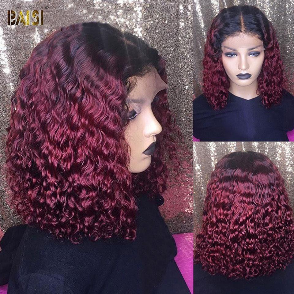 BAISI EVA Lace Frontal Perruque Carré Bouclée Curly Noir Rouge Bordeaux 1B99J