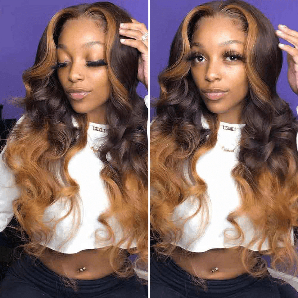 Perruque Lace Front Brésilienne Honey Blonde Ombre Brun Avec Highlight En Cheveux Humains  PrePlucked Ondulée Body Wave