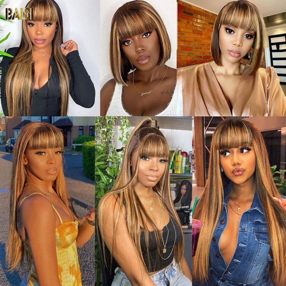 BAISI Coupe Chinoise Perruque Miel Lisse Longue Avec Frange ou marron lisse 18 pouces 100€ 100% Cheveux Humains