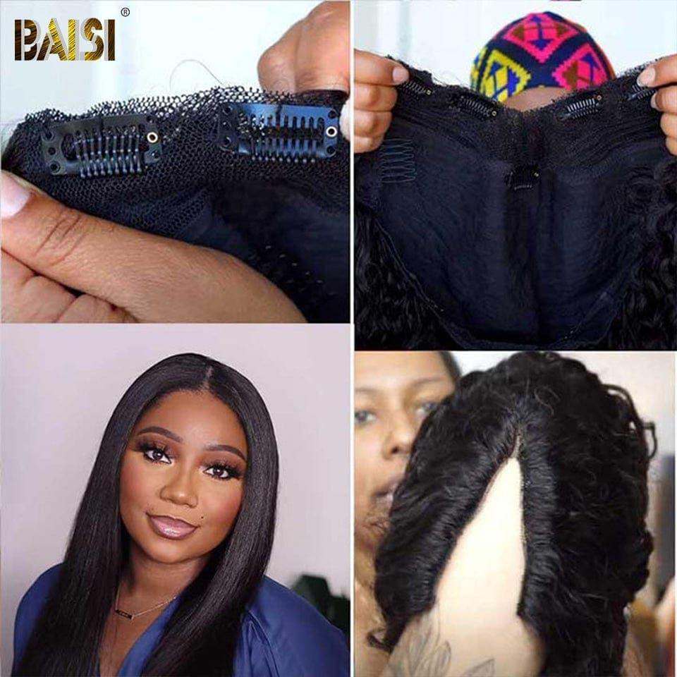 BAISI V Part Perruque Lisse en 100% Cheveux Humains Fabriqué à La Machine Sans Lace
