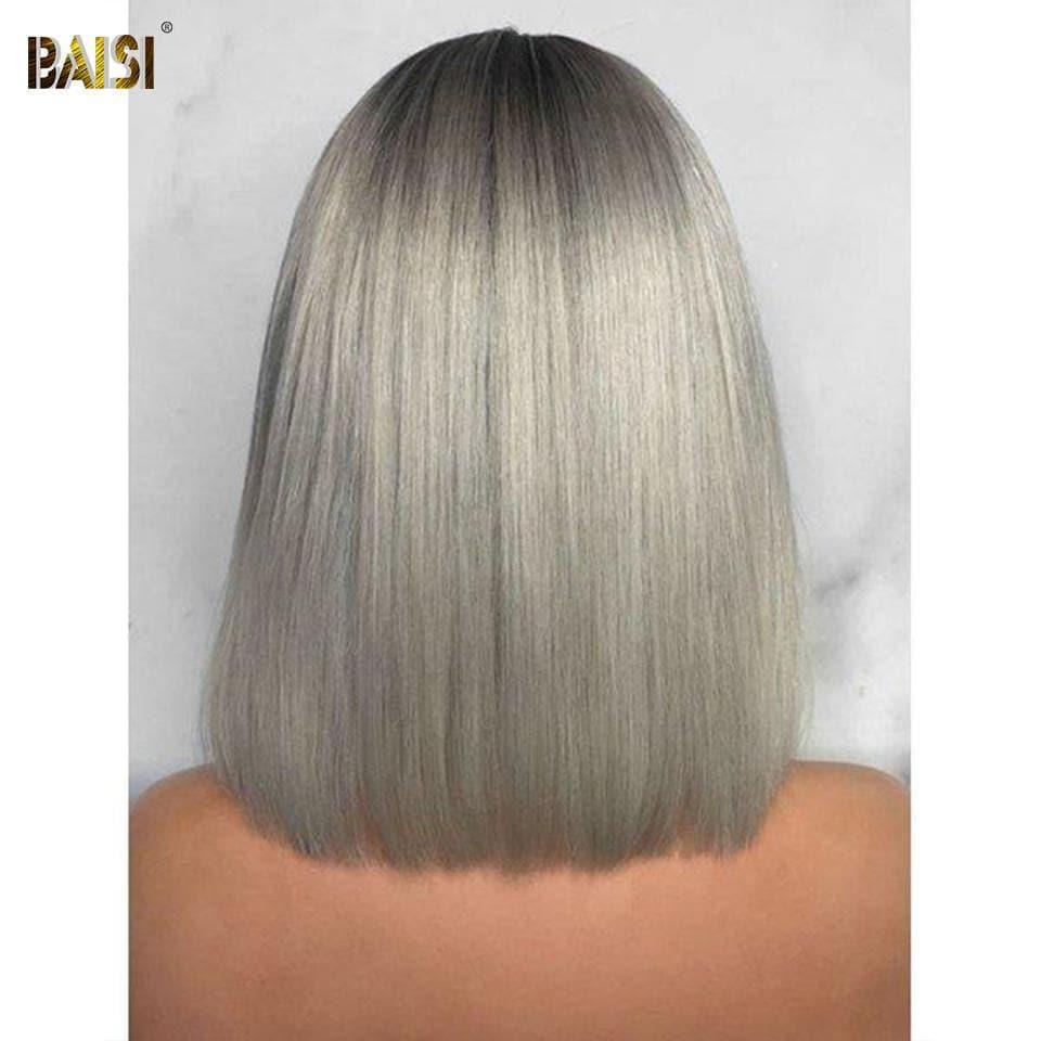 BAISI Collection Poivre et Sel SDD BONE STRAIGHT 100% Vietname Hair Perruque Bob lisse 1B/Gris Avec 2x6 clsoure en 100% cheveux humains