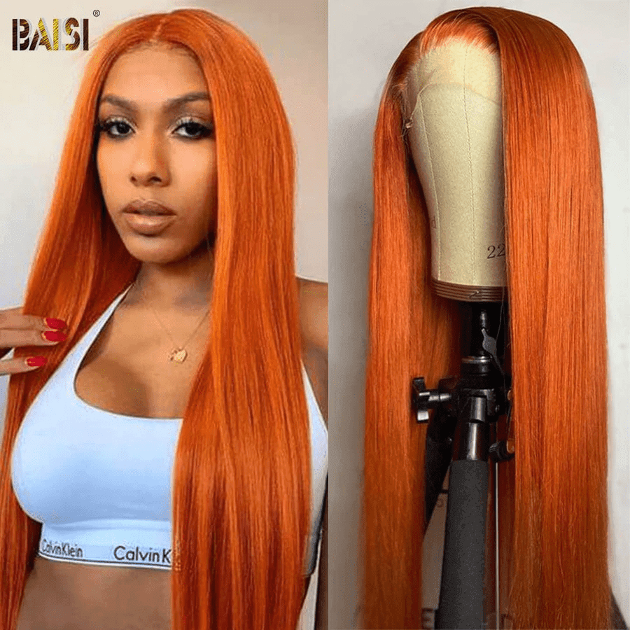 BAISI Achetez 2 perruques minimum au prix d'usine fournisseur 13x4 Lace Frontal Perruque Lisse Orange En 100% Cheveux Humains (Pas Besoin de Code)
