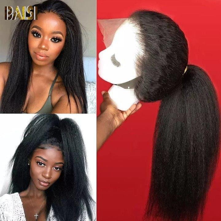 BAISI Achetez 2 perruques minimum au prix d'usine fournisseur 360 Lace Perruque Kinky Straight Yaki en Vrais Cheveux Humains Coiffure Chignion (Pas Besoin de Code)