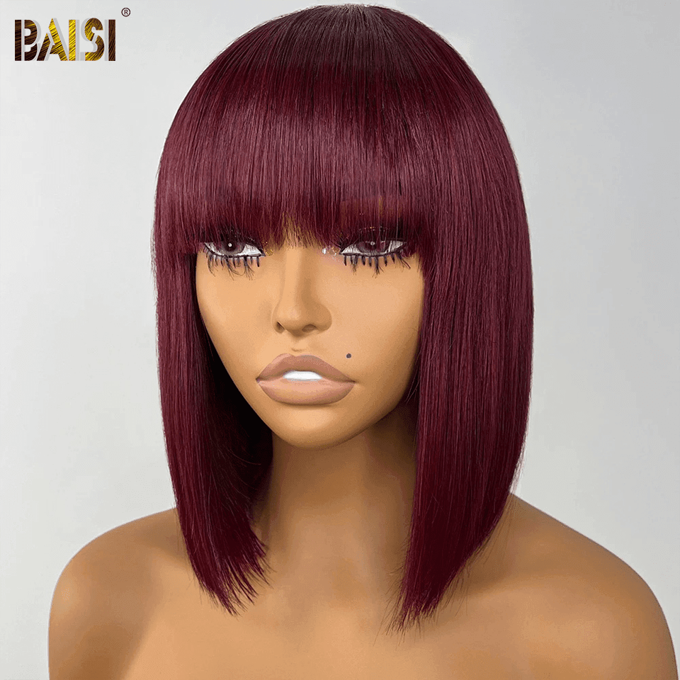 BAISI PERRUQUE Rouge Bordeaux AVEC FRANGE FABRIQUÉ À LA MACHINE SDD bone straight 100% Cheveux Humains