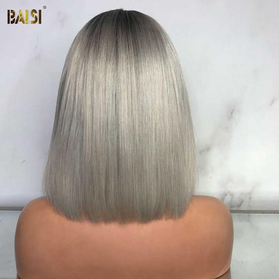 BAISI Collection Poivre et Sel SDD BONE STRAIGHT 100% Vietname Hair Perruque Bob lisse 1B/Gris Avec 2x6 clsoure en 100% cheveux humains