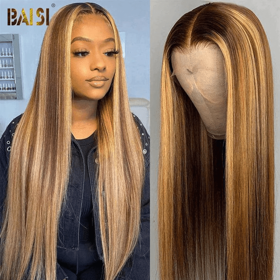 BAISI Achetez 2 perruques minimum au prix d'usine fournisseur en France TVA 0€ 48H arrivé  13x4 Lace Frontal Perruque Lisse Miel #4MIX#27 En 100% Cheveux Humains (Pas Besoin de Code)
