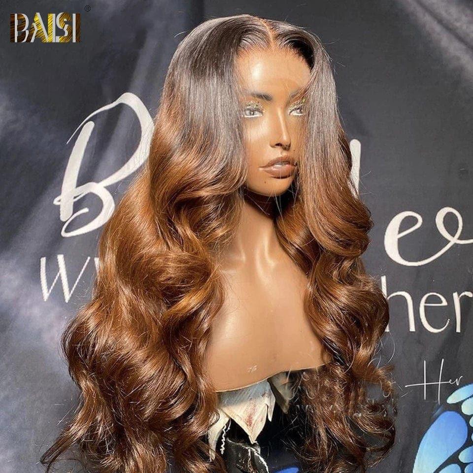 BAISI Achetez 2 perruques minimum au prix d'usine fournisseur 13X4 lace Perruque Bouclée Body Wave 1B#4 Noir Marron Sans Colle Lace déjà couper Facile à Porter En 100% Cheveux Humains (Pas Besoin de Code)
