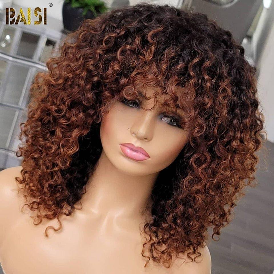 BAISI Achetez 2 perruques minimum au prix d'usine fournisseur Perruque T-part afro curly 18 Pouces ou Bob Bouclée Curly avec Frange en Noir Chataîn #1B#4  (Pas Besoins De Code)