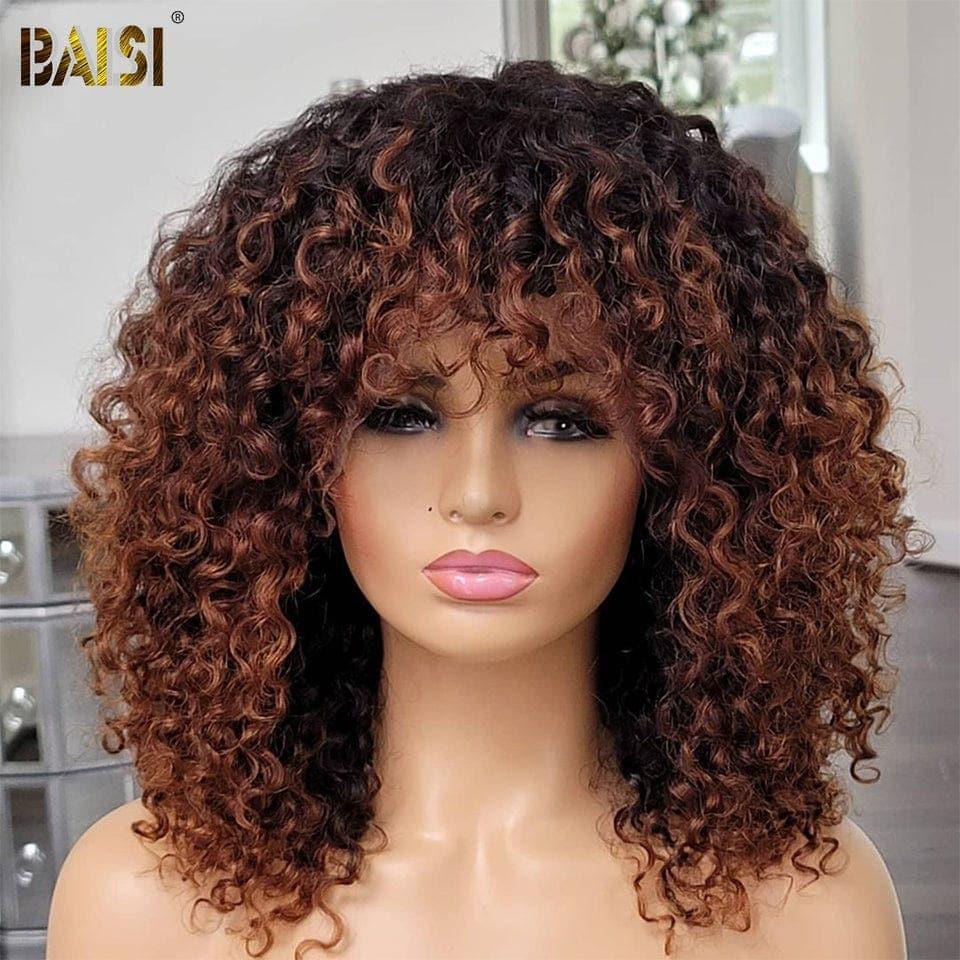 BAISI Achetez 2 perruques minimum au prix d'usine fournisseur Perruque T-part afro curly 18 Pouces ou Bob Bouclée Curly avec Frange en Noir Chataîn #1B#4  (Pas Besoins De Code)