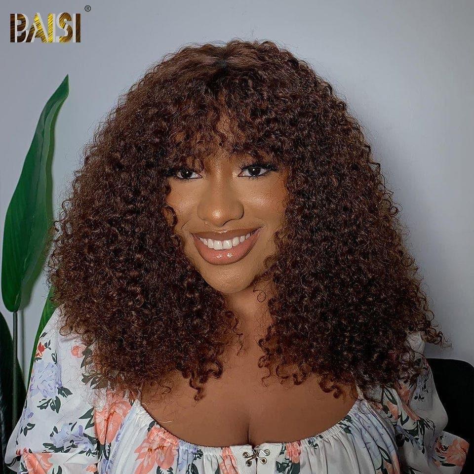 BAISI Perruque kinky curly avec frange en couleur marron #4 en 100% vrais cheveux humains