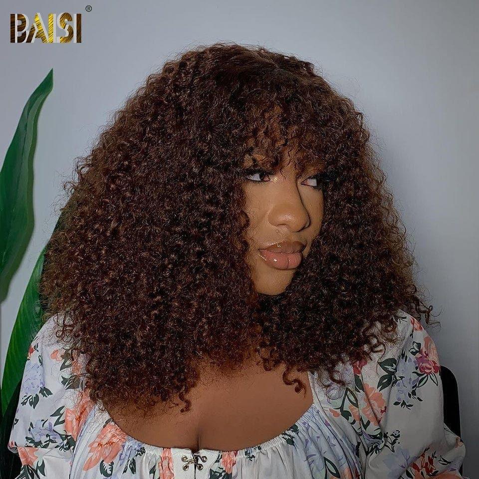 BAISI Perruque kinky curly avec frange en couleur marron #4 en 100% vrais cheveux humains