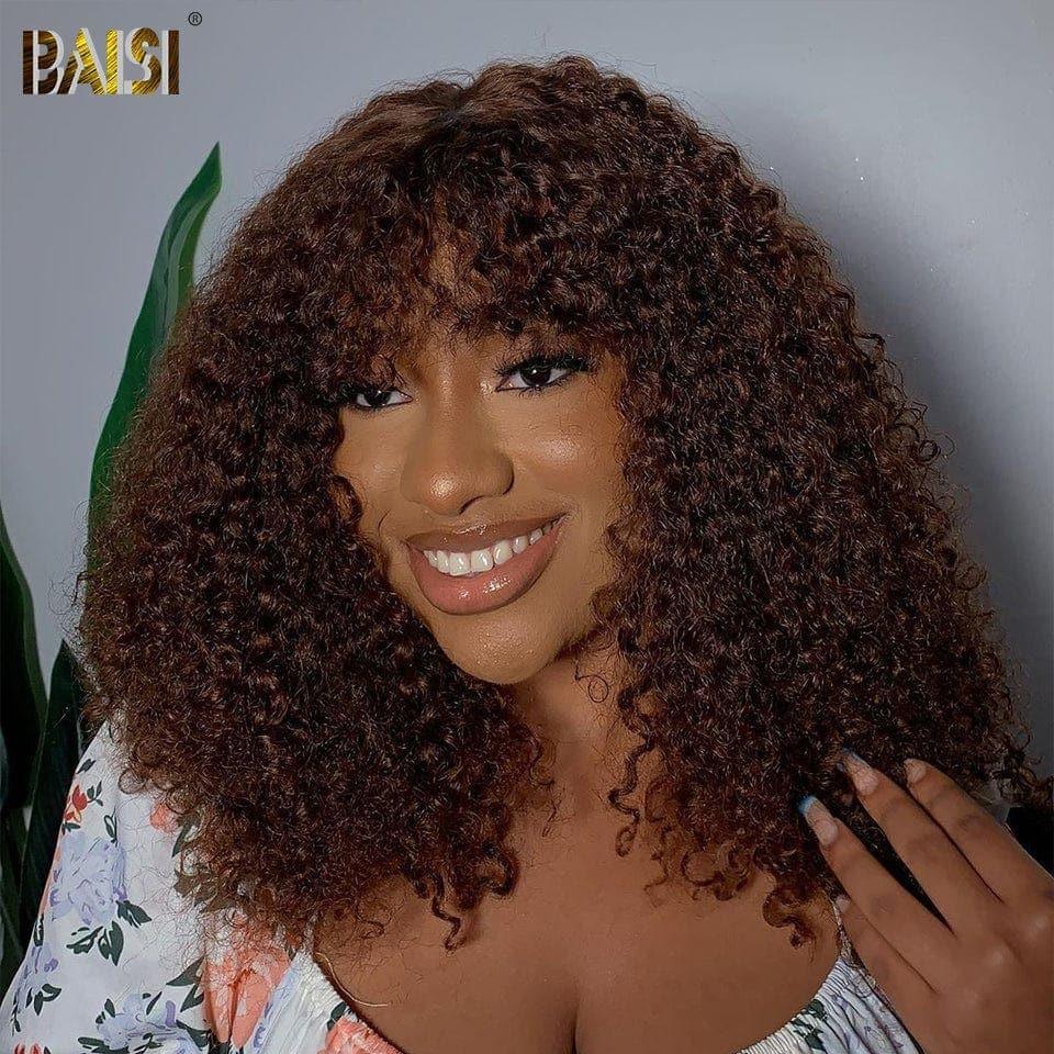 BAISI Perruque kinky curly avec frange en couleur marron #4 en 100% vrais cheveux humains