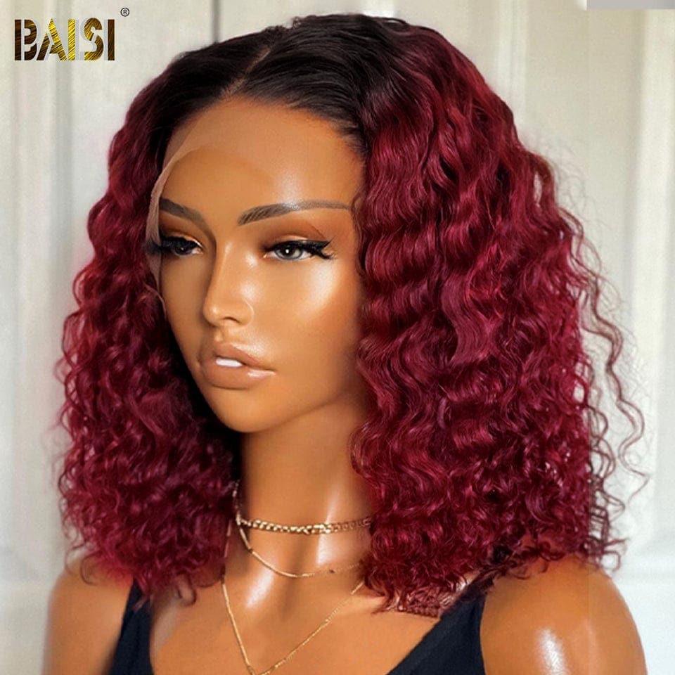 BAISI EVA Lace Frontal Perruque Carré Bouclée Curly Noir Rouge Bordeaux 1B99J