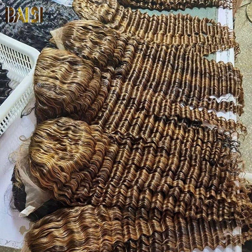 BAISI Achetez 2 perruques minimum au prix d'usine fournisseur en France TVA 0€ 48H arrivé 13x4 Lace Frontal Perruque Deep Wave Miel #4MIX#27 En 100% Cheveux Humains (Pas Besoin de Code)