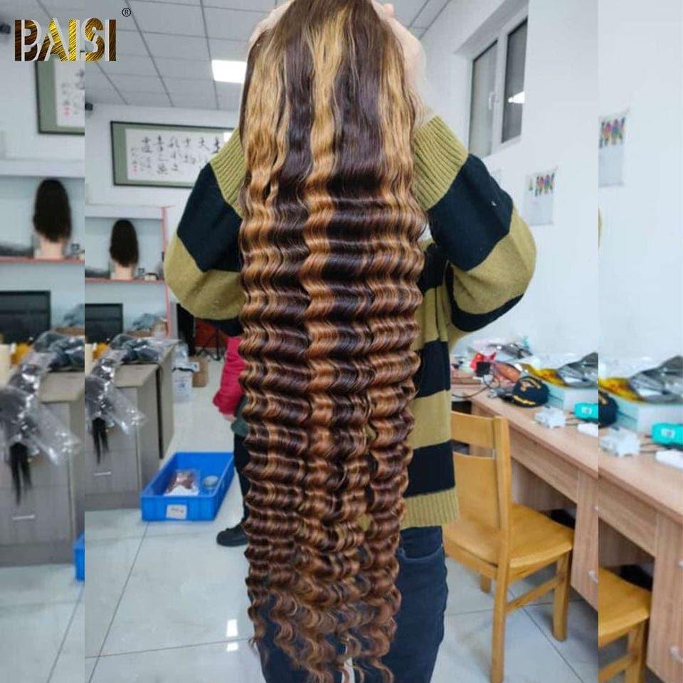 BAISI Achetez 2 perruques minimum au prix d'usine fournisseur en France TVA 0€ 48H arrivé 13x4 Lace Frontal Perruque Deep Wave Miel #4MIX#27 En 100% Cheveux Humains (Pas Besoin de Code)