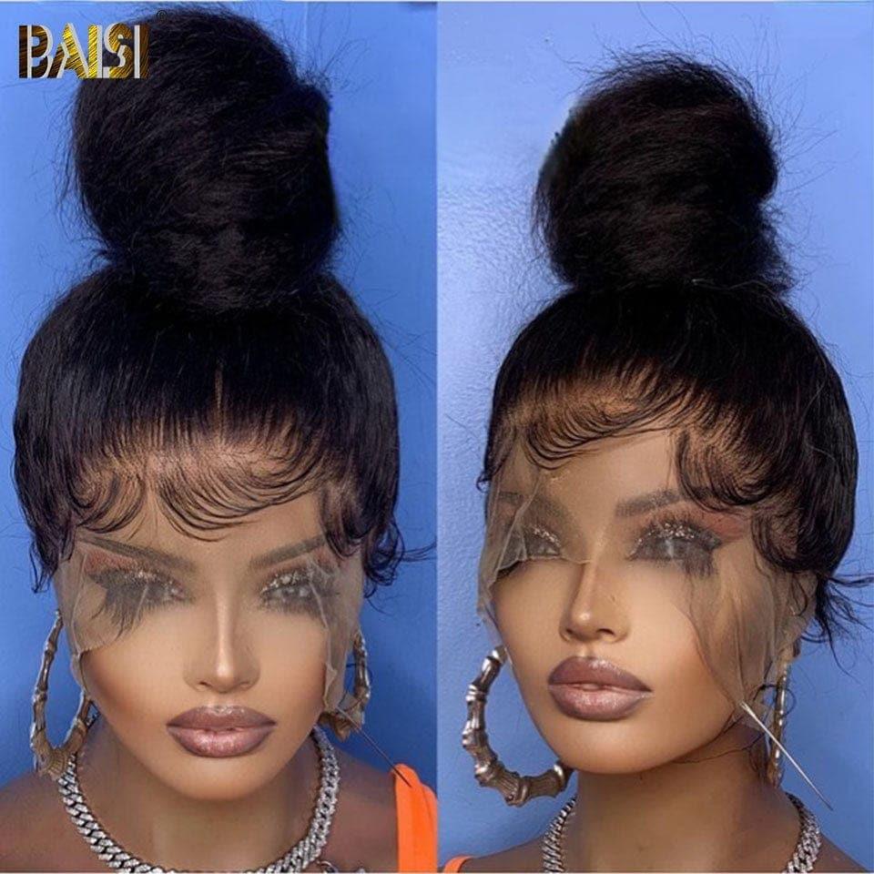 BAISI 360 Lace Wig Kinky Straight Yaki in Real Human Hair Bun Hairstyle