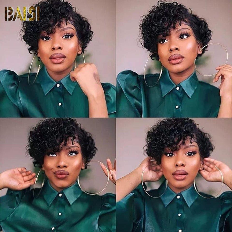 BAISI Achetez 2 perruques minimum au prix d'usine fournisseur en France TVA 0€ 48H arrivé Perruque sans lace pixie Miel finger wave ou Curly Courte Avec La Raie De Côté 10 Pouces 100% Cheveux Humains (Pas Besoin de Code)
