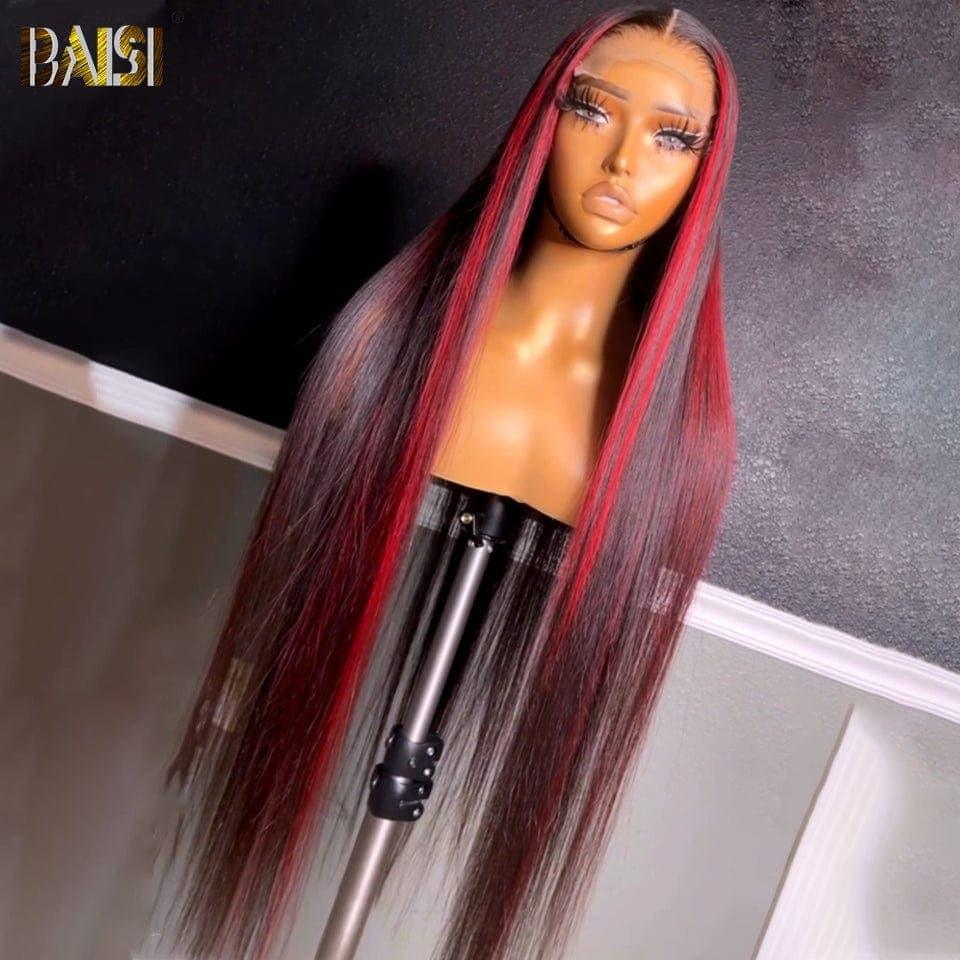 BAISI 13x4 Lace Frontal Perücke Glatt 1b rot meliert aus 100% Echthaar