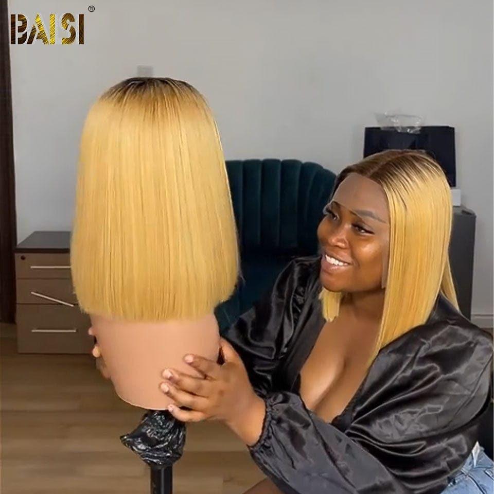 BAISI 13x4 Frontal Perruque Bob Lisse En Noir ou Chataîn 1B#27 Coupe Carrée En 100% Vrais Cheveux Humains