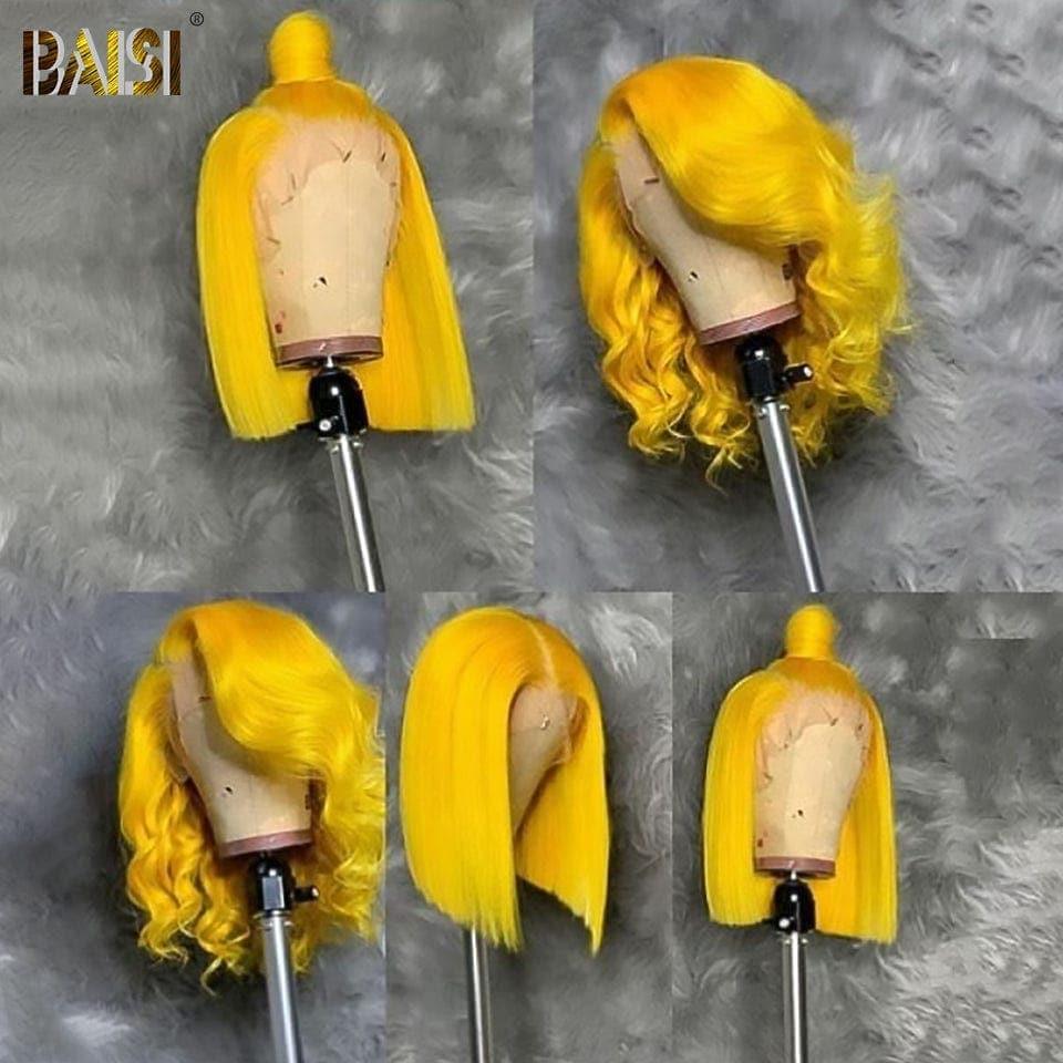 Peluca Bob recta frontal BAISI 13x4 en corte cuadrado amarillo en cabello humano 100% Real