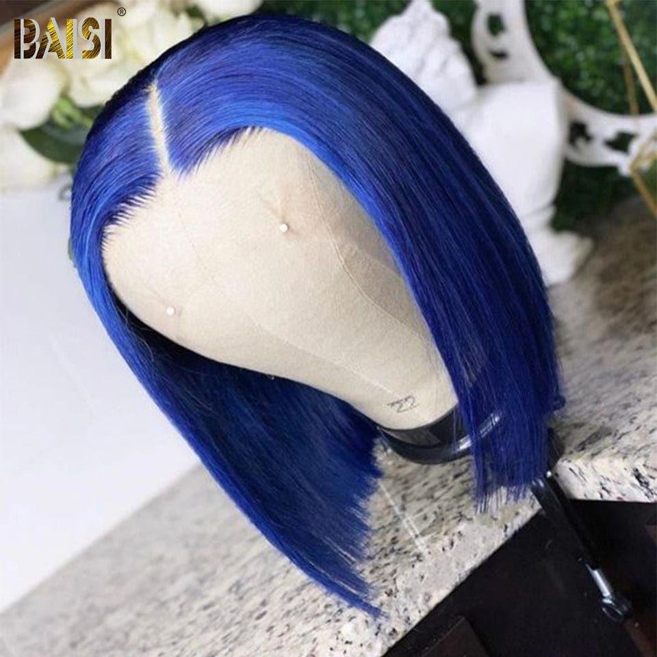BAISI Achetez 2 perruques minimum au prix d'usine fournisseur 13x4 Frontal Perruque Bob Lisse En marron ou Bleu Coupe Carrée En 100% Vrais Cheveux Humains (Pas Besoins De Code)