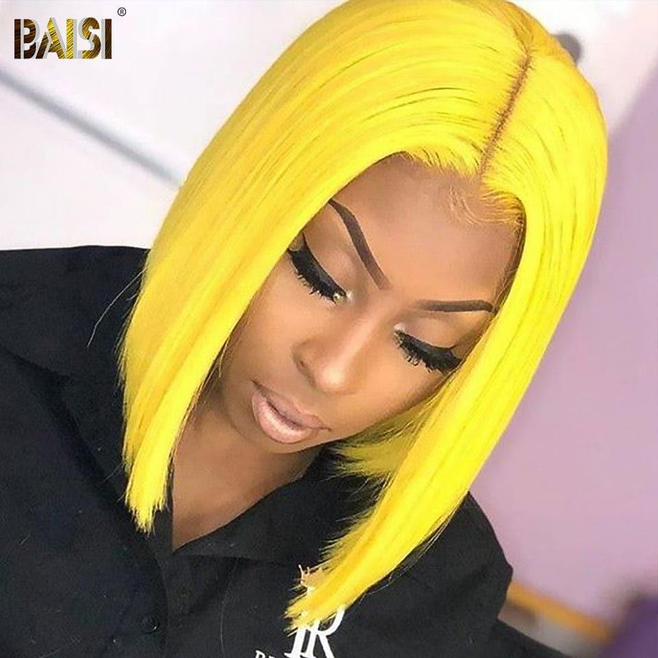 Peluca Bob recta frontal BAISI 13x4 en corte cuadrado amarillo en cabello humano 100% Real