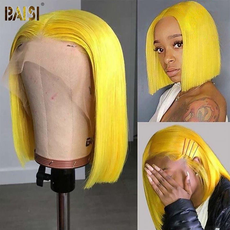 Peluca Bob recta frontal BAISI 13x4 en corte cuadrado amarillo en cabello humano 100% Real