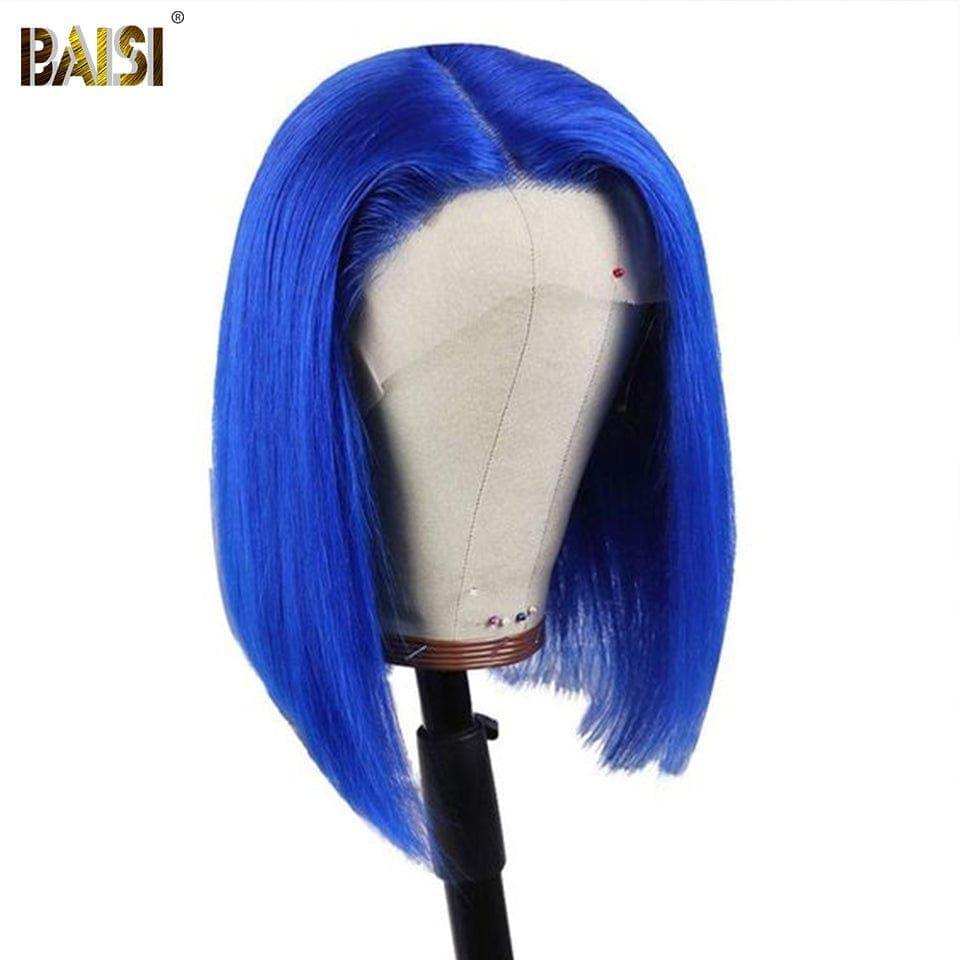 BAISI 13 x 4 frontale gerade Bob-Perücke im blauen Bob-Schnitt, 100 % echtes Echthaar