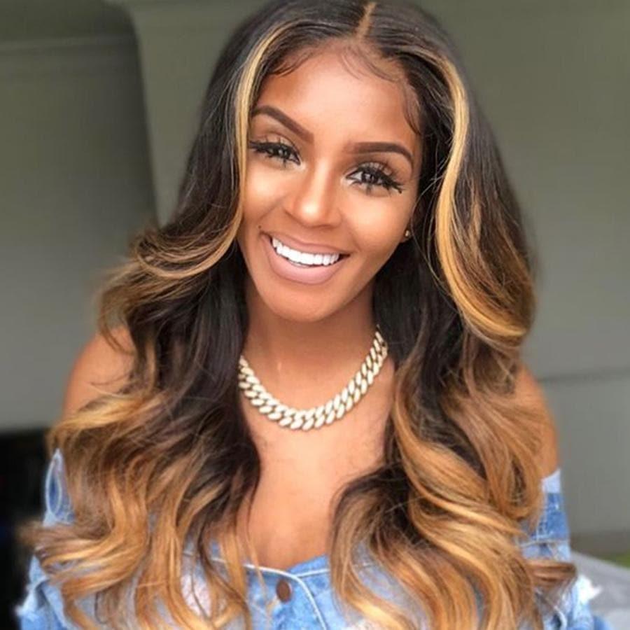 Perruque Lace Front Brésilienne Honey Blonde Ombre Brun Avec Highlight En Cheveux Humains  PrePlucked Ondulée Body Wave