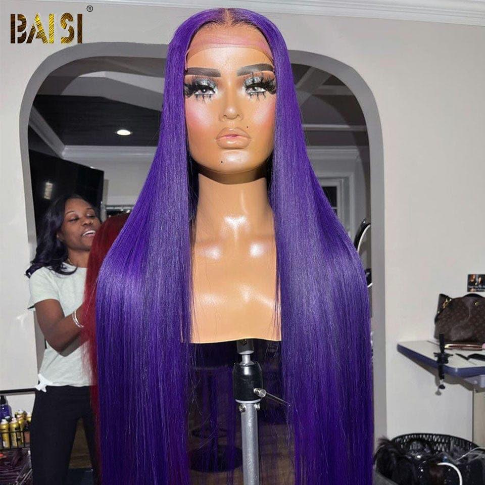 Peluca morada recta Frontal de encaje BAISI 13x4 en cabello 100% humano