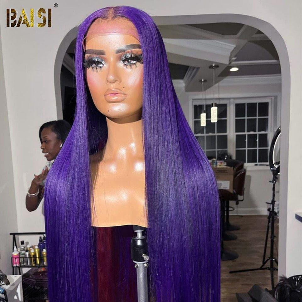 Peluca morada recta Frontal de encaje BAISI 13x4 en cabello 100% humano