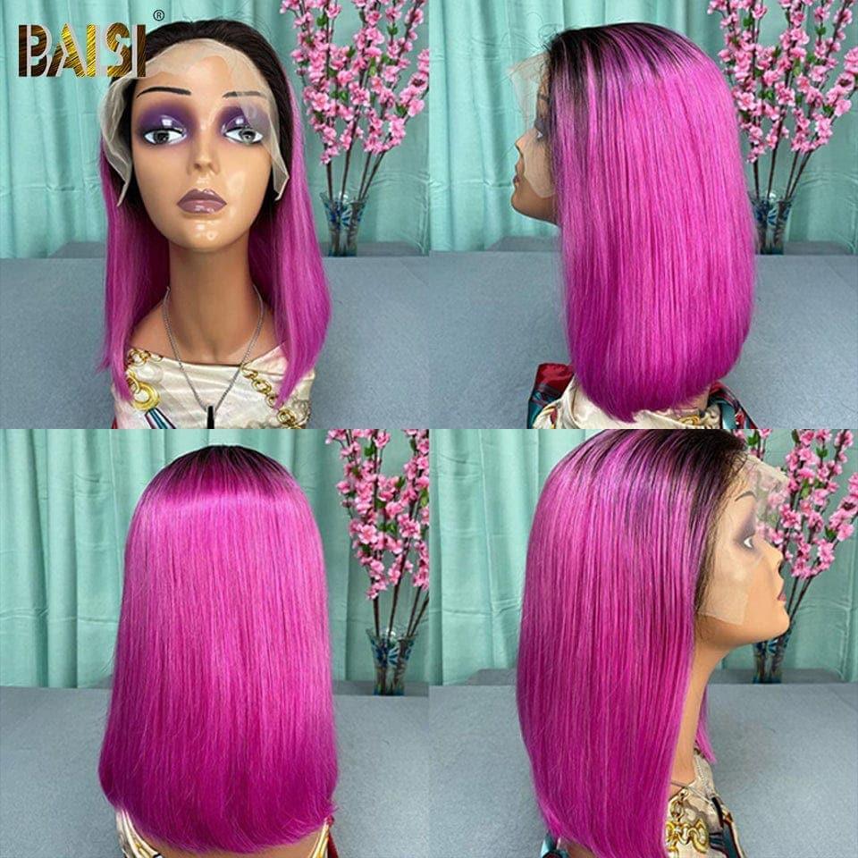 Parrucca in pizzo con parte a T BAISI dritta 1B rosa in capelli umani al 100%.