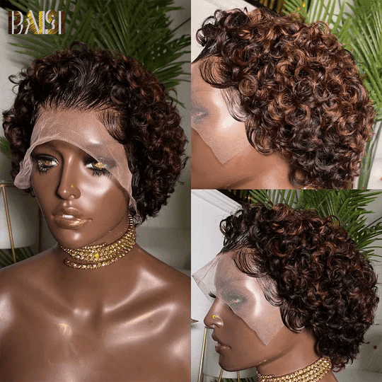 BAISI Achetez 2 perruques minimum au prix d'usine fournisseur Egg Wave Sans Colle Sans Lace 60€ 13x1 Lace Perruque pixie curly En Couleur Marron #4#30 en 100% Vrais Cheveux Humains