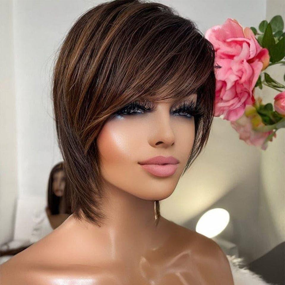 BAISI Achetez 2 perruques minimum au prix d'usine fournisseur Perruque Pixie En Couleur #4 ou 4X4 lace egg wave 10 Pouces F-025# en 100% Cheveux Humains Pas Besoins De Code