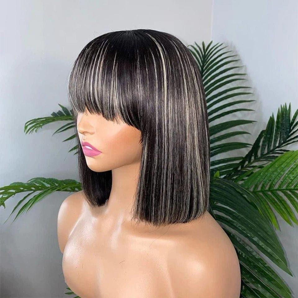 BAISI Kaufen 5 Stück FACTORY PRICE CHINESE CUT BLACK MIX BLONDE LACELESS SMOOTH BOB PERÜCKE MIT FRANSEN #1BMIX#613 (Kein Code erforderlich)